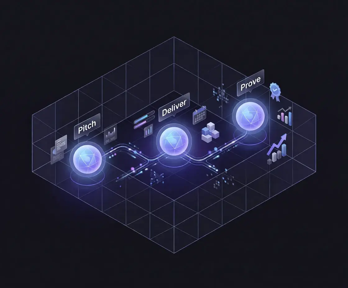 Isometric illustration of agency workflow showing Pitch, Deliver, and Prove stages connected by data streams