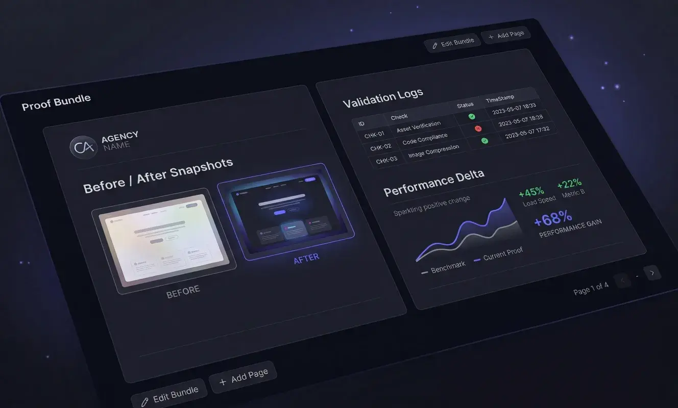 QA Proof Bundle dashboard showing Before/After snapshots, Validation Logs, Performance Delta, and a Send to Client button